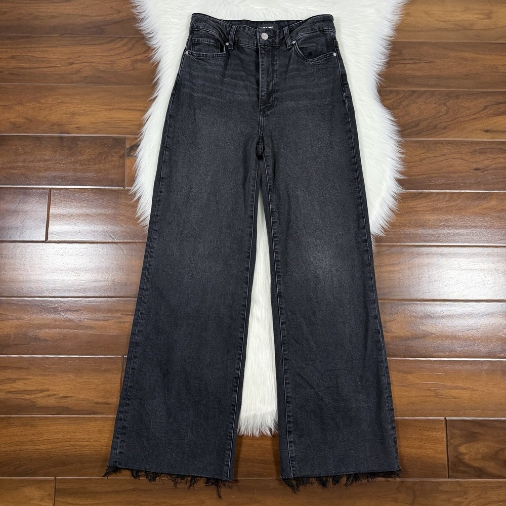 Paige Women's Size 27 Viper Black Anessa 31" Wide Leg Denim Jeans Raw Hems